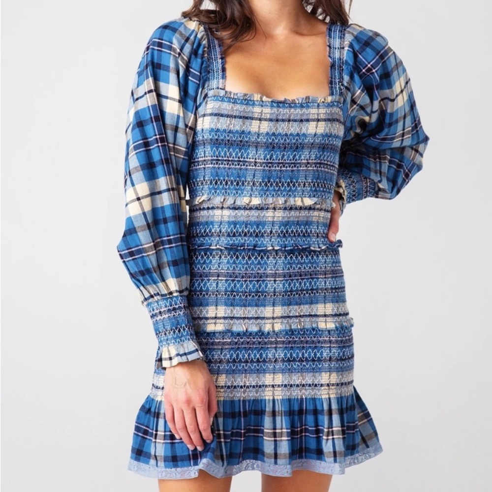 LoveShackFancy Blue Plaid Smocked Mini Dress